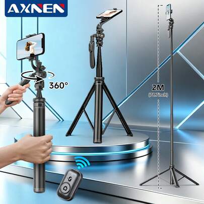AXNEN 78.74 Inch (2m) Selfie Stick Tripod, Multi-Functional Extendable Phone Tripod, Foldable Travel Monopod With Wireless Remote, Compatible With IOS And Android Phones, Suitable For Action Camera Video Recording, Vlogging, Live Streaming, Aluminum Alloy Material