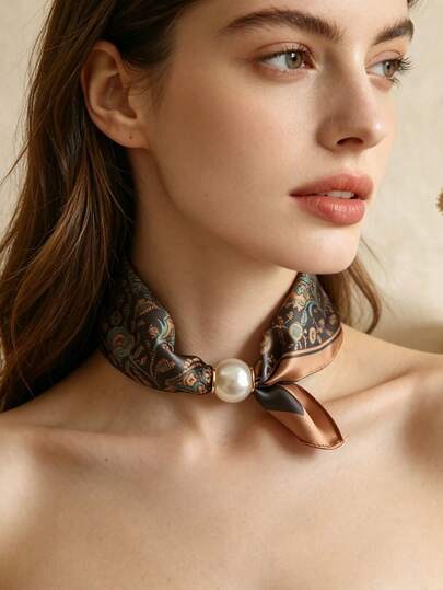 1pc Magnetic Pearl Silk Scarf Necklace - Slouchy Tie-Free Neck Accessory, Vintage Paisley Print, Elegant Satin Choker Necklace, Easy-To-Wear Necklace Accessory For Women