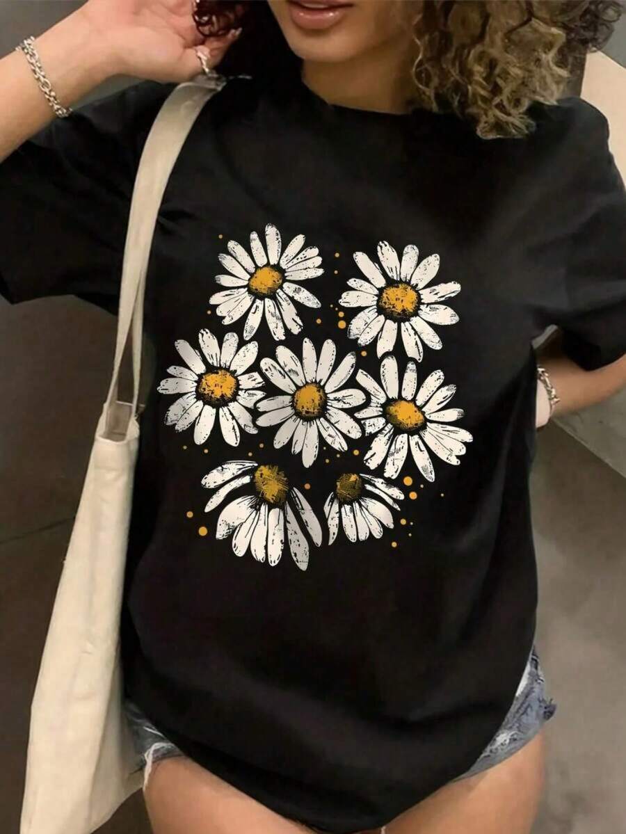 Camiseta Casual de Mujer con Estampado Floral de Margaritas, Cuello Redondo, Manga Corta con Hombros Caídos, Camiseta de Elasticidad Media para Conjuntos de Primavera DFDQ - Negro - Ver 1