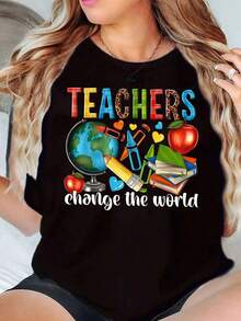 GiftGiftGiftGiftTeachers Camiseta Casual de Cuello Redondo con Estampado 'Change The World' para Mujer, Tallas Grandes, Regalo para Maestros y Educadores, SuaveSoftSoft - Negro - Ver 1
