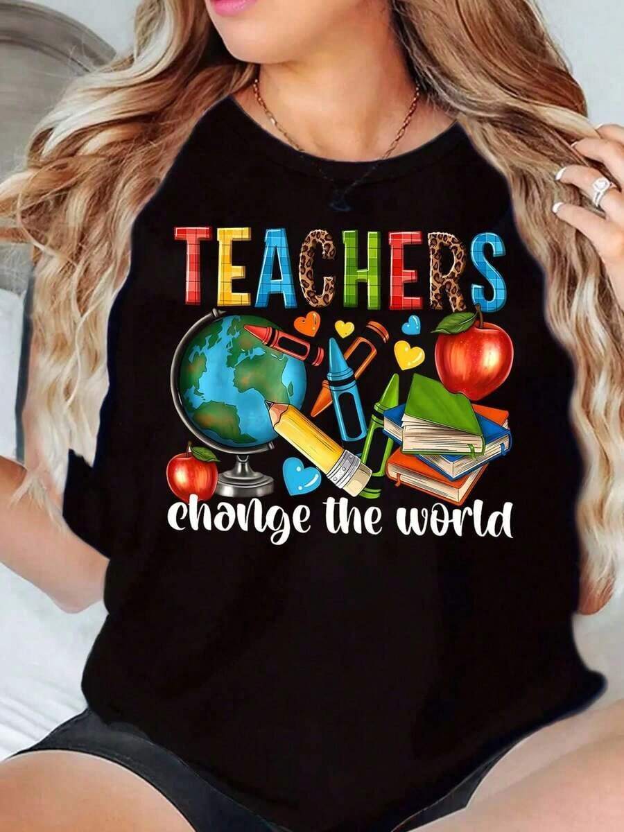 GiftGiftGiftGiftTeachers Camiseta Casual de Cuello Redondo con Estampado 'Change The World' para Mujer, Tallas Grandes, Regalo para Maestros y Educadores, SuaveSoftSoft - Negro - Ver 1