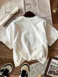 Ropa de mujer de talla grande, camiseta casual de manga corta con cuello redondo, estampado a cuadros con forma de corazón, adecuada para el Día de San Valentín. - Blanco - Ver 2