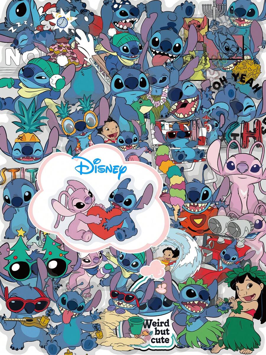 Disney 迪士尼 | 50张莉萝与史迪奇PET透明贴纸，可爱卡通夏威夷度假主题贴纸，防水美观贴纸，适用于手机、行李箱、冰箱、笔记本电脑、水瓶、日记本、剪贴簿等，是办公室装饰、返校用品、生日礼物和日常DIY派对贺卡装饰的理想之选 - 1 Set - 查看 1