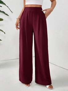 Pantalones básicos largos de mujer con pliegues plegados de unicolor y elegantes para el diario - Burdeos - Ver 5
