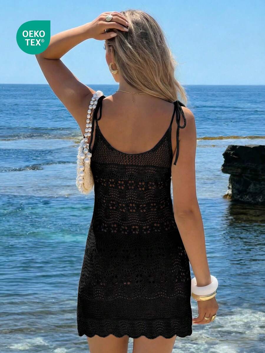 Women's French Crochet Hollow-Out Knitted Summer High-End Seaside Resort Bohemian Sexy Sheer Sleeveless Tie-Up Cover-Up A-Line Mini Dress Beach