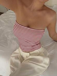Áo tank top không dây, màu trơn, co giãn ôm sát dành cho nữ của Vaiaye, áo camisole cơ bản không dây thời trang cho mùa xuân và mùa hè. - Sọc đỏ và trắng - Xem 8