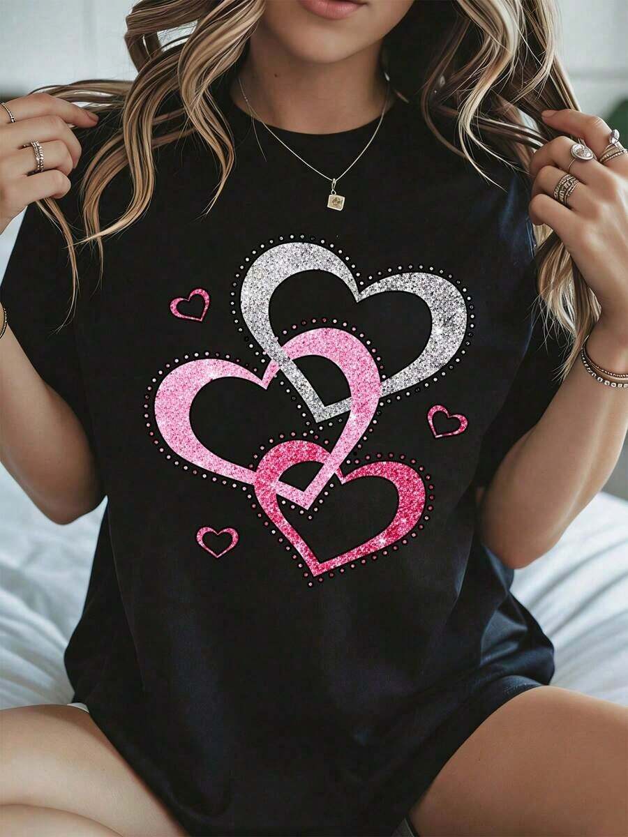 Camiseta con Estampado de Corazones para el Día de San Valentín, Corazones Rosa y Plateado con Brillo, Ropa Casual Blanca para Mujer, Primavera Verano - Negro - Ver 1