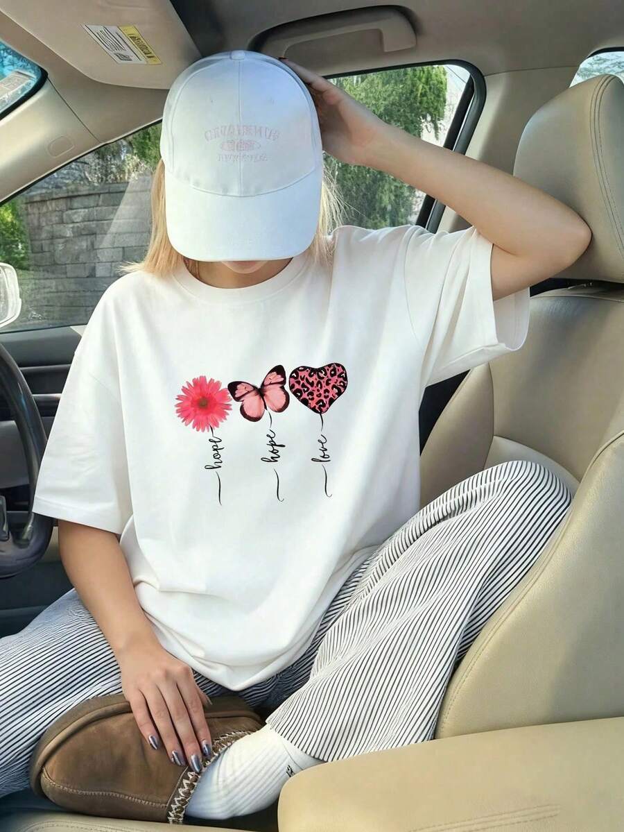 Camiseta de manga corta para mujer, nueva prenda de verano con estampado y cuello redondo. Modelo básico, cómoda y ligera, estilo juvenil, combina con todo y es ideal para looks casuales. - Blanco - Ver 1