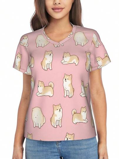 Camiseta de mujer con cuello en V, cómoda y elástica, con estampados de moda y transpirables, exclusiva para entusiastas de estilos