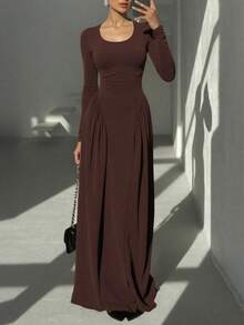 New Autumn Winter Collection Solid Color Dress French Style U-Neck Long Sleeve Dress With Ties Fitted Waist Elegant Sophisticated European Fashion For Women - 咖啡 - 查看 3