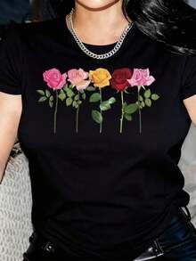 1 Piece Women's T-Shirt, Women's Top, Floral Print T-Shirt, Simple Style, Short Sleeve, Round Neck, Casual, Loose And Breathable, Perfect For Daily Wear, Parties, Holidays And Work, Suitable For Four Seasons, Beautiful. - 黑色 - 查看 6