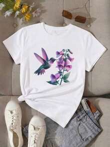 Camiseta Blanca Casual para Mujer con Estampado de Colibrí y Flores, Manga Corta, Cuello Redondo, Top de Poliéster para Primavera Verano 8QG8 - Blanco - Ver 9