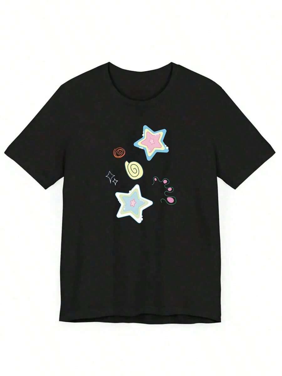 1 pcsWomen's T-Shirt, Pure Cotton Black Short-Sleeve Tee, Adorned With Playful Star Graffiti Logo, Soft And Slightly Stretchy Round Neck Design, Casual, Cool, Breathable, With A Unique And Eye-Catching Appearance, And Cool Style Top, Suitable For Everyday Casual And Relaxed Wear180g Algodón 100% - Negro - Ver 1