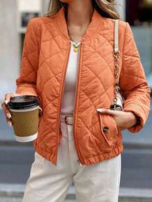 LUNE Chaqueta casual de uso diario popular con cremallera, manga larga, bolsillo y textura de patrón de diamante para mujer - Naranja Coral - Ver 2