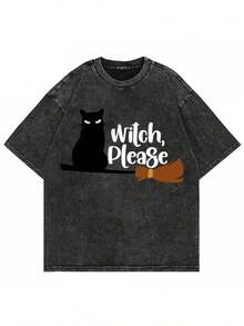 Camiseta 100% vintage de Halloween, con diseño divertido de gato ramen, a la moda, para hombre y mujer, camiseta de alta calidad con estampado de perro y calabaza navideña, estilo acid wash, camiseta estampada, ropa de calle casual holgada unisex para hombre y mujer, camiseta vintage negra lavada. - Negro - Ver 7