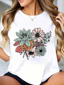 Camiseta de manga corta para mujer con estampado de ramo floral, color blanco, cuello redondo, camiseta casual de algodón, tejido de punto de elasticidad media, corte regular para damas, tallas S-XXXL, camiseta de verano. - Blanco - Ver 6
