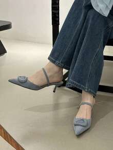 Giày cao gót mũi nhọn đính nhung giả da dành cho nữ, kiểu giày cao gót Kitten Heels. - Màu xanh lam - Xem 3