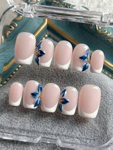 10 miếng dán móng tay vuông thủ công, màu hồng nude, đầu móng kiểu Pháp màu trắng, họa tiết hoa 3D màu xanh dương, móng giả acrylic tối giản dễ thương, phù hợp cho các bạn gái và phụ nữ sử dụng hàng ngày, đi nghỉ mát và đi học, bao gồm gel và dũa móng. - Nhiều màu - Xem 2