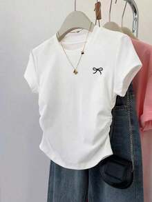 Camiseta ajustada con estampado de lazo para mujer, estilo versátil y elegante para el verano, vuelta al colegio, uso diario, fiesta, cita, que atrae mucha atención - Multicolor 5 - Ver 5