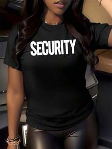 Minimalist. The Word SECURITY On The Chest Symbolizes Authority, Trust, And Protection, Evoking A Modern, Comfortable, And Casual Women's T-Shirt For Everyday Wear. Women's Simple Solid Color T-Shirt, Loose And Slim Fit Casual Short Sleeve - 黑色 - 查看 9