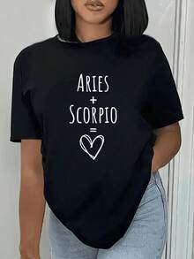 Minimalist White Cotton T-Shirt With Heart Print Aries Plus, Women's Summer Casual Clothing, Simple Solid Color T-Shirt, Loose Fit, Casual Short Sleeve - 黑色 - 查看 3