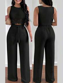 Set de 2 piezas para mujer con top corto elegante con diseño calado y ata y pantalón recto para vacaciones - Negro - Ver 1