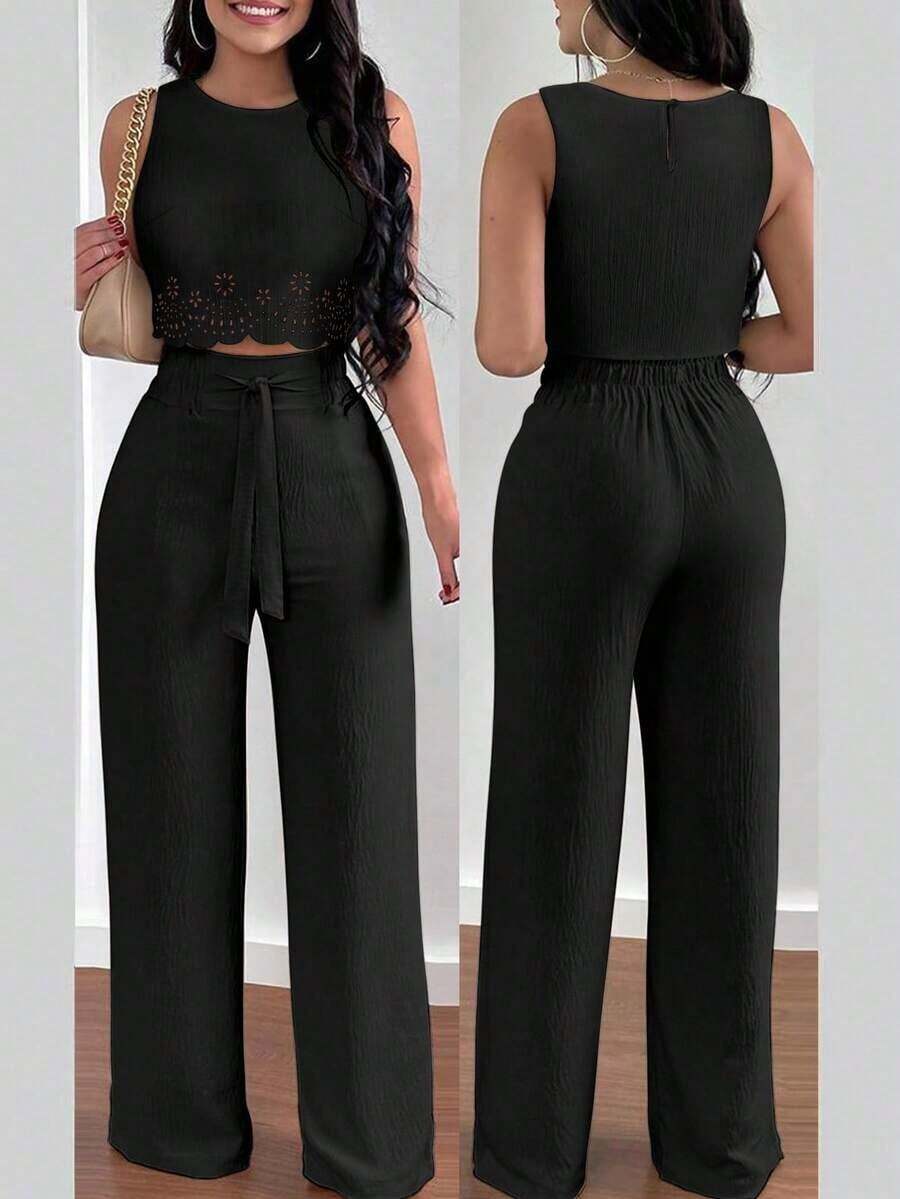 Set de 2 piezas para mujer con top corto elegante con diseño calado y ata y pantalón recto para vacaciones - Negro - Ver 1