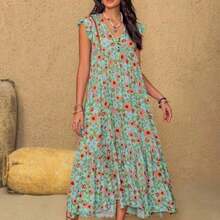 Plus Size Bohemian Floral Maxi Dress, Suitable For Summer Parties, Beach Vacations, Music Festivals, Hawaii Tropical Holidays And Other Occasions - Verde - Ver 1