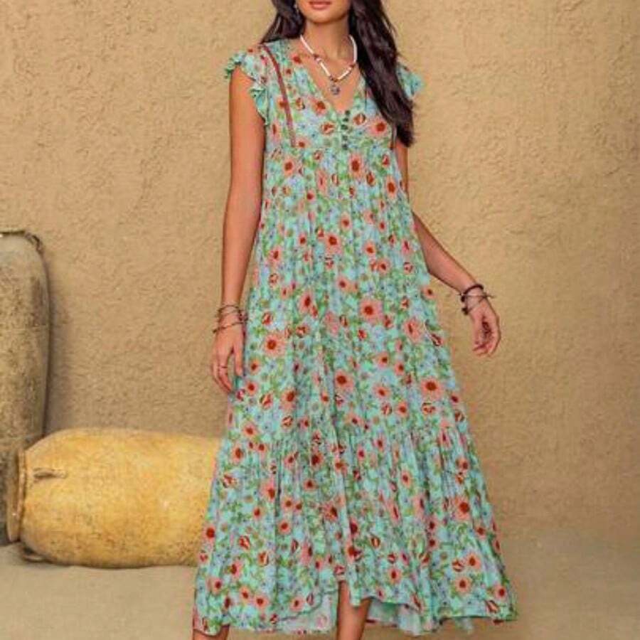 Plus Size Bohemian Floral Maxi Dress, Suitable For Summer Parties, Beach Vacations, Music Festivals, Hawaii Tropical Holidays And Other Occasions - Verde - Ver 1