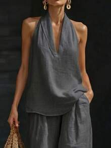 2026 Spring/Summer New Women's Halter Neck V-Neck Sleeveless Casual Two-Piece Set Suitable For Daily Casual Wear, Beach Vacations, And Dates - 灰色 - 查看 2