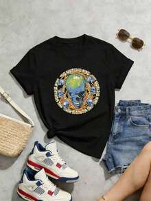 Camiseta casual de verano para mujer, de diseño simple y versátil, cuello redondo, mangas cortas, tela suave. |   Tierra Esquelética |   Estilo callejero americano, tiendas locales, ropa de abrigo, algodón puro, vintage, estilo callejero europeo y americano, casual deportivo, unisex, estilo casual urbano, tops bonitos, ropa Y2K, camisetas divertidas, tops de mujer, tops lindos, camisetas estampadas, conjuntos de primavera, camisetas holgadas, estilo callejero vintage, estilo de los 90, estilo de los 2000, subcultura, tops negros, tops blancos, conjuntos de fiesta de los 90. Camiseta de algodón puro - Negro - Ver 3