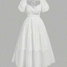 MOD Plus Size White Short Sleeve Princess Puff Sleeve Chiffon Twist Waist Maxi Dress,Wedding Guest Dress Women ,White Graduation Dress,Summer Outfits For Women ,Festival Outfits For Women, Beach Outfits For Woman,Birthday Dresses For Women, Valentine's Day - Blanco - Ver 6