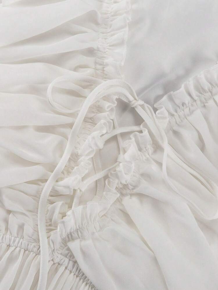 White Chiffon Dress 2026, V-Neck With Drawstring, Bell Sleeve, Asymmetrical A-Line Design, Casual Long - trắng - Xem 5
