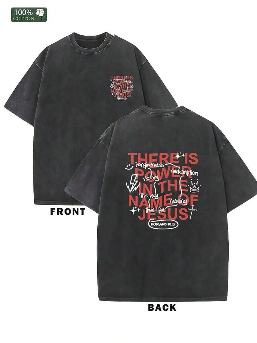 Camiseta para hombre "Hay poder en el nombre del Señor" - Camiseta vintage con efecto desgastado, diseño religioso de gospel, cómoda y transpirable, camisa casual de verano, regalo de fe cristiana para papá, esposo, hermano - Camiseta unisex de algodón holgada de manga corta y cuello redondo estilo vintage urbano. - Negro - Ver 1