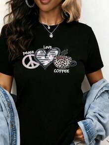 Solt Peace Love Coffee Graphic T-Shirt With Leopard And Heart Print Coffee Cup Design For Women, Casual Wear, Gift Idea For Coffee Lovers. Graphic - 黑色 - 查看 7