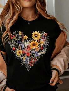 Women's Floral Heart Design T-Shirt, Casual Summer Top With Butterfly And Wildflower Print, Soft And Comfortable, Round Neck - 黑色 - 查看 7