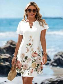 Vestido corto minimalista casual con cuello en V, adecuado para primavera y verano, ropa de verano para mujer, a rayas de colores, ropa de resort para mujer - Multicolor 7 - Ver 3
