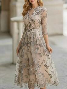 Vestido formal largo con estampado de hojas elegante para mujer, primavera/otoño - Multicolor 4 - Ver 3