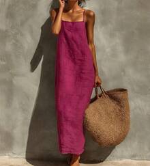 Women's Linen Blend Slip Maxi Dress, Square Neck Sleeveless Casual Dress For Beach & Vacation - 紅色 - 查看 10