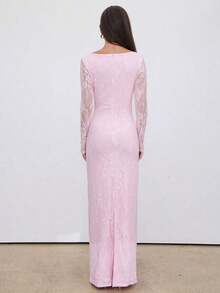 Vestido negro ajustado hasta el suelo con cuello corsé ahuecado y mangas largas con encaje en forma de S sexy para mujer para fiestas, citas y banquetes de otoño/invierno nuevo - Rosa Pálido - Ver 2