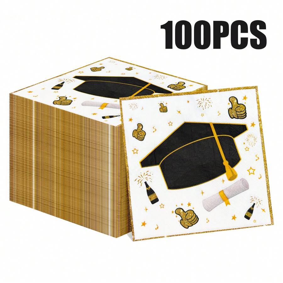 100/60/20pcs 13 * 13 Inch Graduation Season Themed Disposable Napkins, Black And Gold Graduation Hats, And Graduation Scrolls, Suitable For Graduation Parties, Graduation Ceremonies, Teacher Appreciation Events, Class Celebrations, Etc.