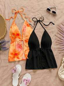 2 piezas Conjunto de top sin espalda con cuello halter y estampado floral de contraste de color, adecuado para verano, salidas, fiestas, bodas, cumpleaños, elegante - Multicolor 12 - Ver 4