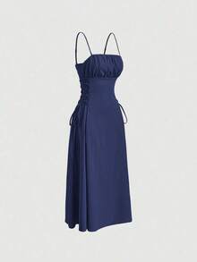 Vestido de tirantes unicolor pecho con fruncido con cordón lateral - Azul Marino - Ver 3