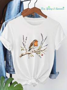 100% Cotton Women's T-Shirts 2026 Plus Size, Plus Size Women's T-Shirt With "The Little Bird On The Branch" Graphic Print, Short Sleeve, Round Neck, Casual Top For Summer And Spring, Korean Style Women's Clothing - White - View 2