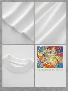 Gráfico colorido que muestra una animada escena de té con personajes divertidos celebrando con tazas, pasteles y alegría transmitiendo energía festiva y humor informal camiseta de mujer  casual cómoda para uso diario - Blanco - Ver 4