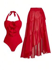 Swim Oasis Conjunto de traje de baño de una pieza con estampado floral 3D para vacaciones de verano - Rojo - Ver 10