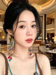 一对彩色树脂多巴胺波西米亚风串珠长耳环,手工制作,适合海滩度假摄影,女士配饰 - 水滴 - 查看 4