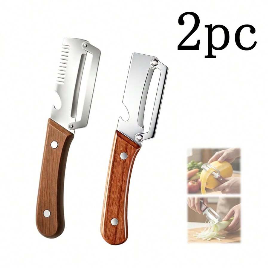 2入多功能廚房蔬菜水果削皮器,附磨碎器與開瓶器,不鏽鋼2合1削皮工具,適用於蘋果、馬鈴薯、南瓜、木瓜,防滑木柄 - 棕色 - 查看 1