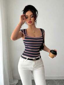 Camiseta de punto de rayas ajustada, estilo minimalista francés, top casual de manga corta, ideal para fiestas, primavera/verano - Azul - Ver 4