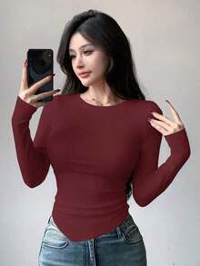 Camiseta de mujer de manga larga con diseño asimétrico y ajuste ceñido, ropa de otoño con estilo preppy - Rojo - Ver 1